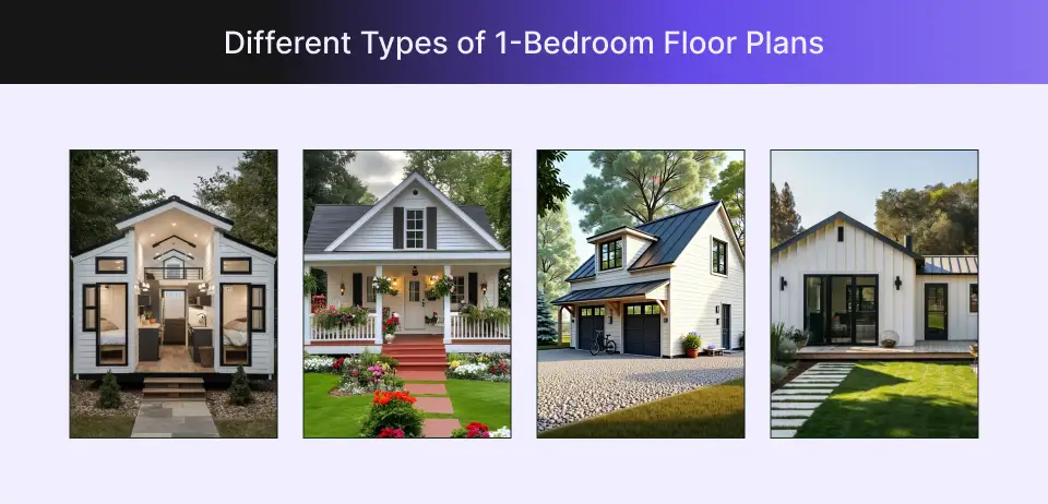 Collage showing different types of one-bedroom floor plans Collage showing different types of one-bedroom floor plans