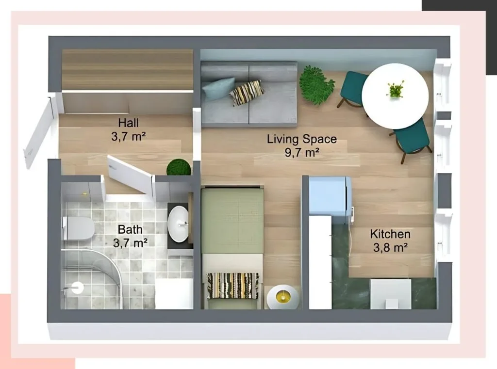 A floor plan showing room dimensions and furniture placement. A floor plan showing room dimensions and furniture placement.