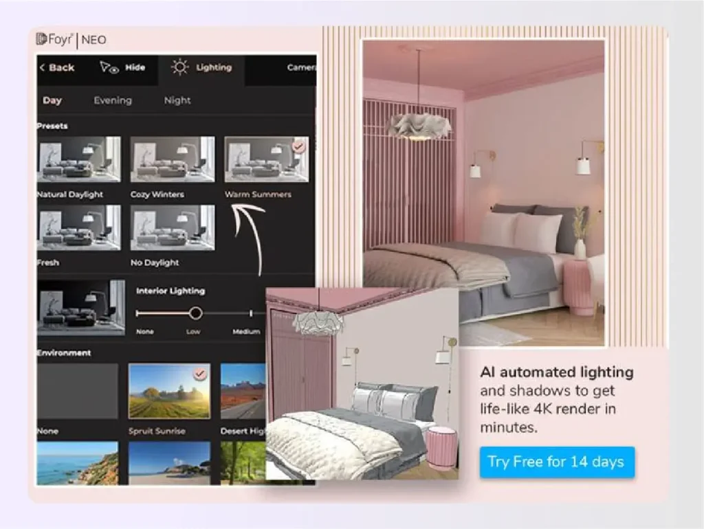 Foyr Neo's AI automated lighting settings interface Foyr Neo's AI automated lighting settings interface