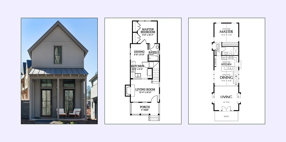 Narrow rectangular one-bedroom house plan with linear rooms Narrow rectangular one-bedroom house plan with linear rooms.